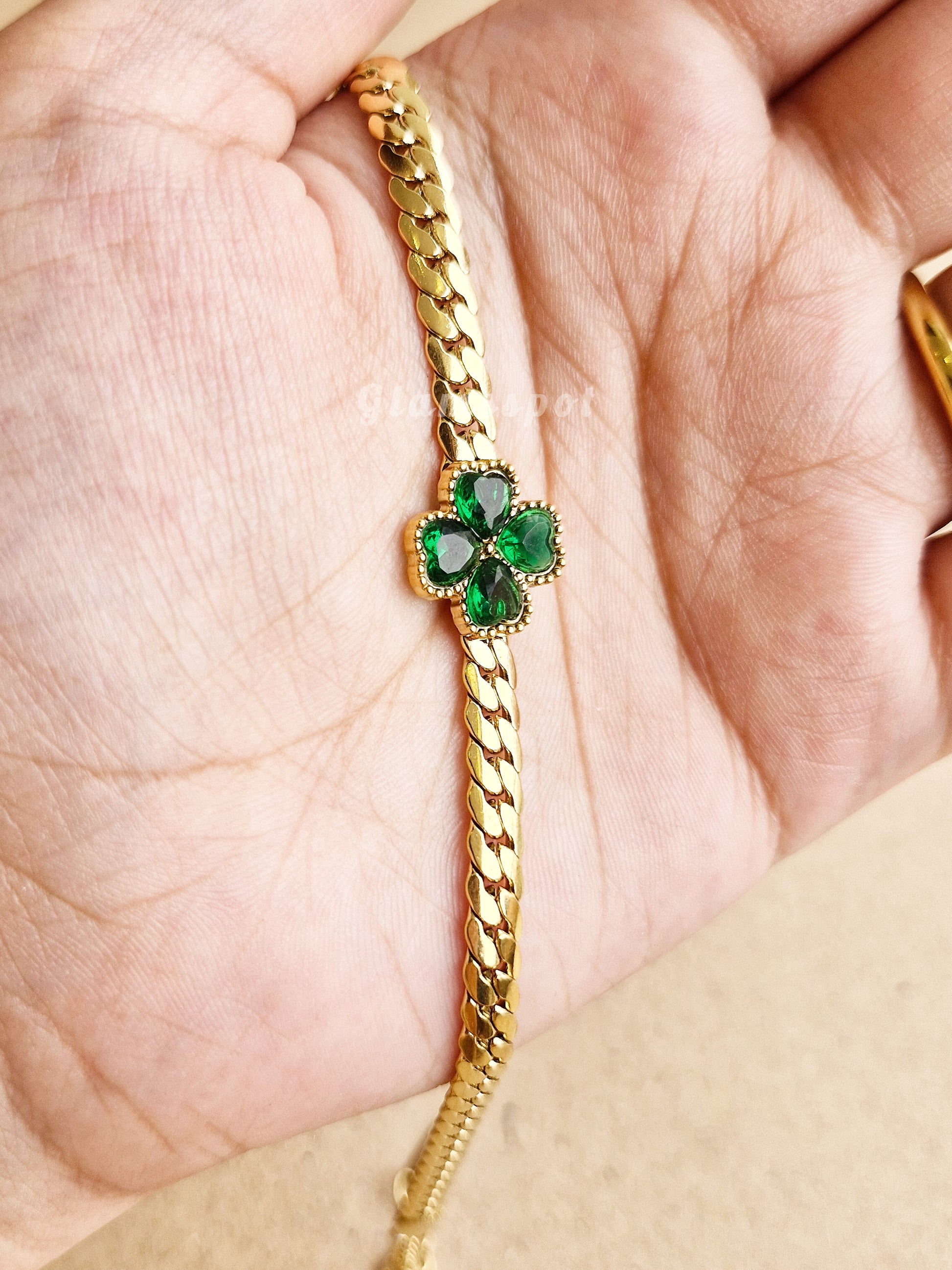 Emerald Green Bracelet with green gemstones on a hand