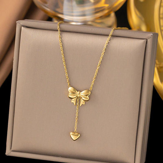 Bow Heart Gold Necklace